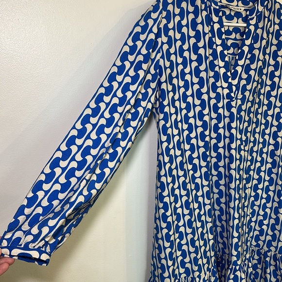 Zara Paula Ruffle Mini Dress Tunic Long Sleeve V Neck Blue White Size Small - Picture 3 of 8